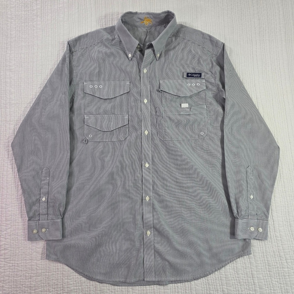 Columbia PFG Mens Long Sleeve Fishing Shirt Blue White Stripe Button Down XXL